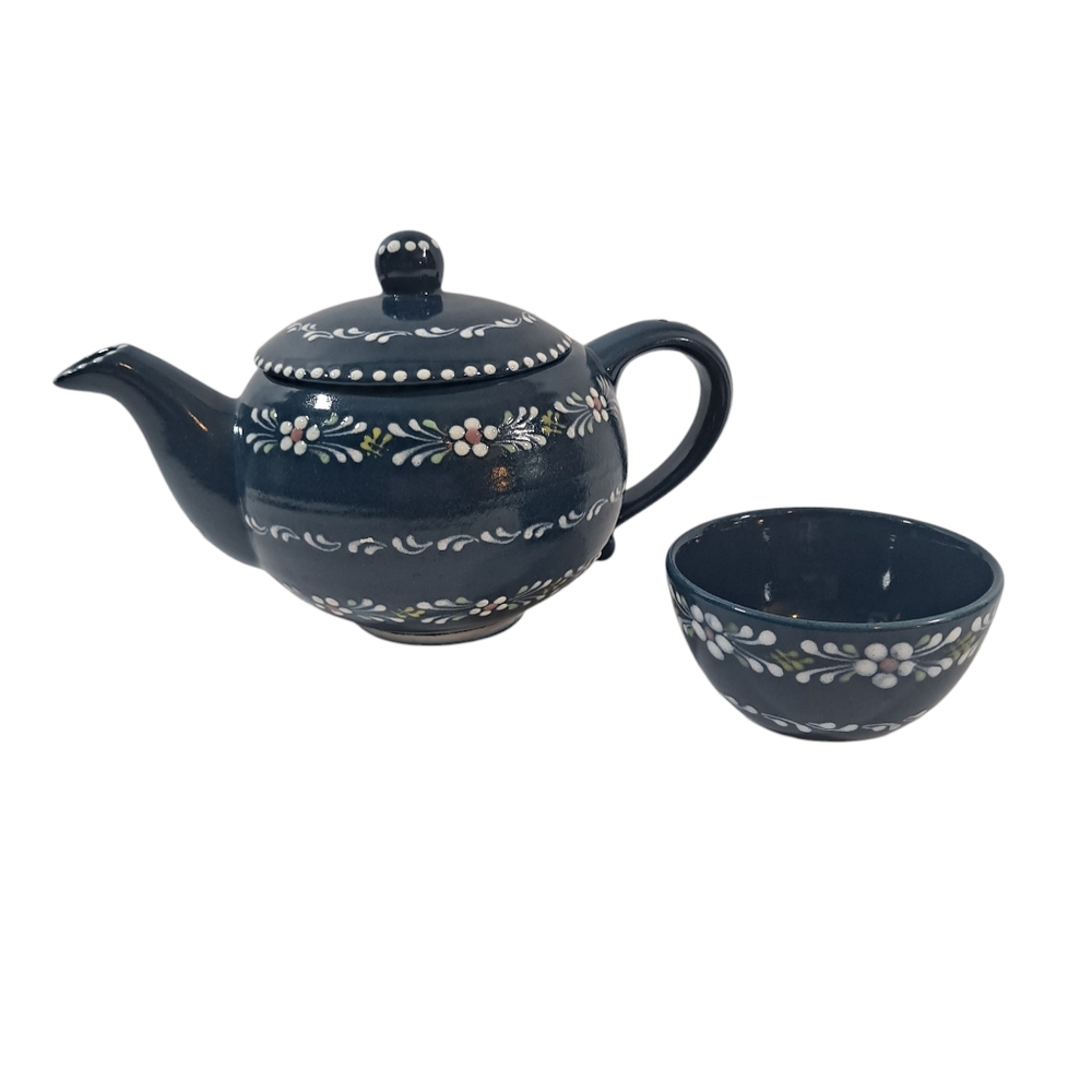 Vintage Hand Painted Blue Teapot with Small Unlidded Sugar Bowl Made In Austria